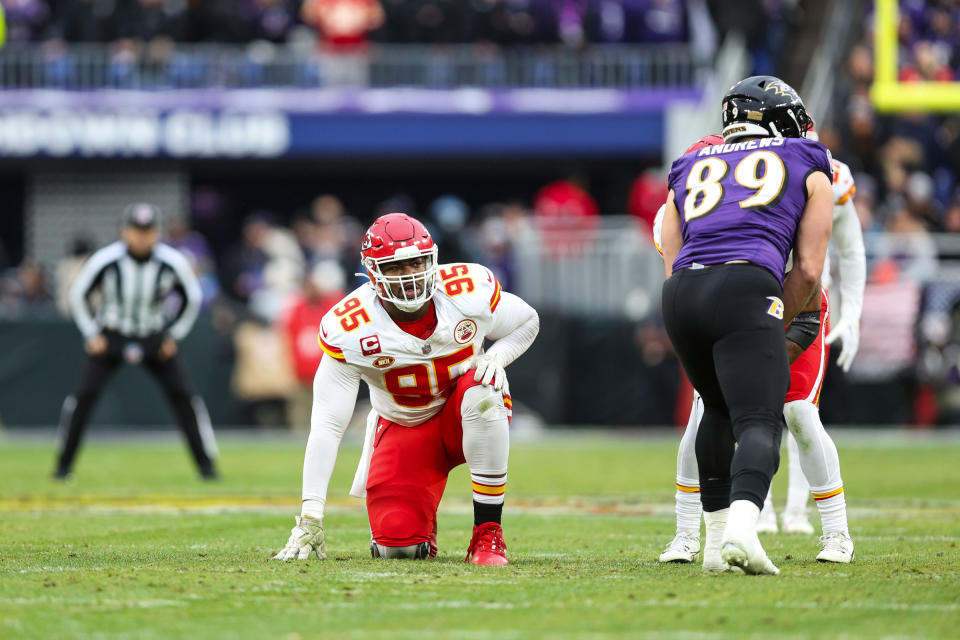 Chris Jones lines up during the AFC Championship game against the <a class="link " href="https://sports.yahoo.com/nfl/teams/baltimore/" data-i13n="sec:content-canvas;subsec:anchor_text;elm:context_link" data-ylk="slk:Baltimore Ravens;sec:content-canvas;subsec:anchor_text;elm:context_link;itc:0">Baltimore Ravens</a> on Jan. 28, 2024.<span class="copyright">Perry Knotts—Getty Images</span>