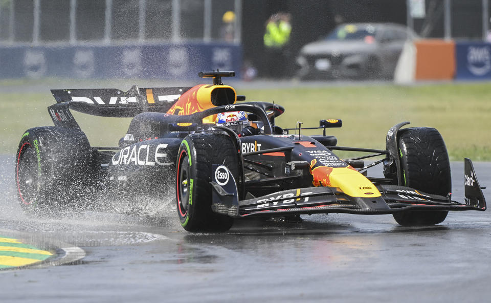 Red Bull Racing driver Max Verstappen, of the Netherlands, takes a turn at the Senna corner during practice for the Formula 1 Canadian Grand Prix auto race Friday, June 7, 2024, in Montreal. (Graham Hughes/The Canadian Press via AP)