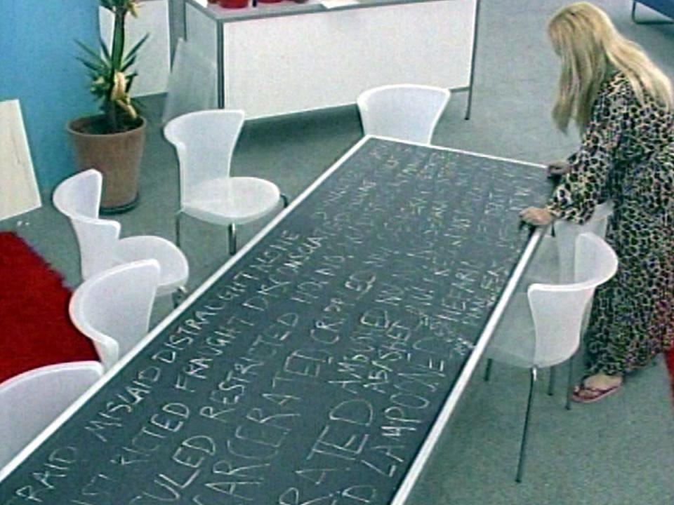 Vanessa Feltz scribbling on a table shortly after entering Big Brother in 2001 (Celebrity Big Brother / Channel 4)
