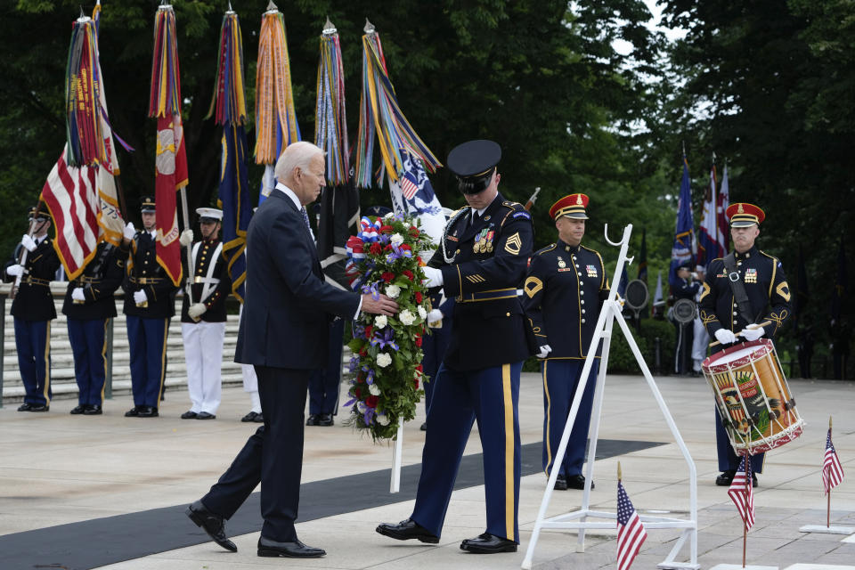 President Joe Biden lays a wreath at The Tomb of the Unknown Soldier at Arlington National Cemetery in Arlington, Va., on Memorial Day, Monday, May 29, 2023. (AP Photo/Susan Walsh)