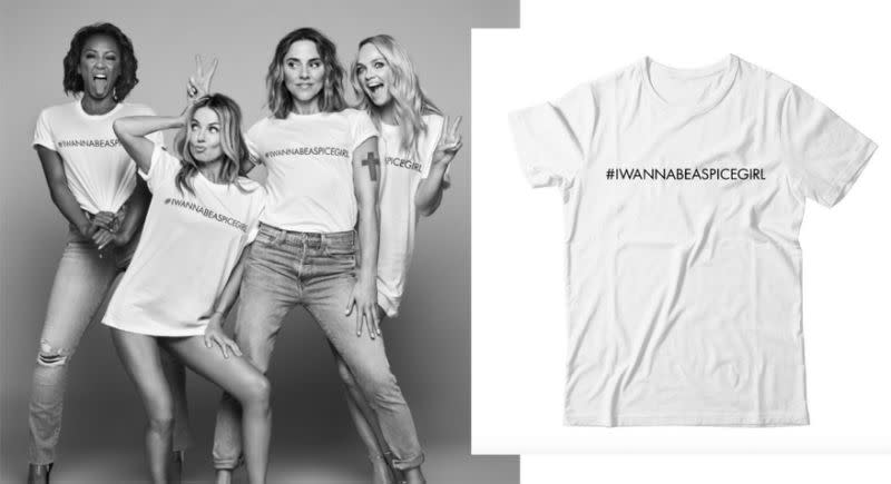 Les T-shirts des Spice Girls vendus pour collecter des fonds seraient fabriqués dans une usine où les employés gagnent 35p (40 centimes d’euros) de l’heure [Photo: Represent]