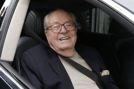 France's far-right National Front political party founder and honorary president Jean-Marie Le Pen sits in his car as he leaves after the party's executive office at their party's headquarters in Nanterre near Paris May 4, 2015. REUTERS/Philippe Wojazer