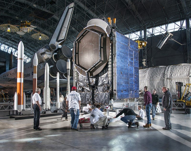 A first-generation Sirius FM-4 satellite on display at the National Air and Space Museum in Washington DC. These satellites worked in highly elliptical orbits. 