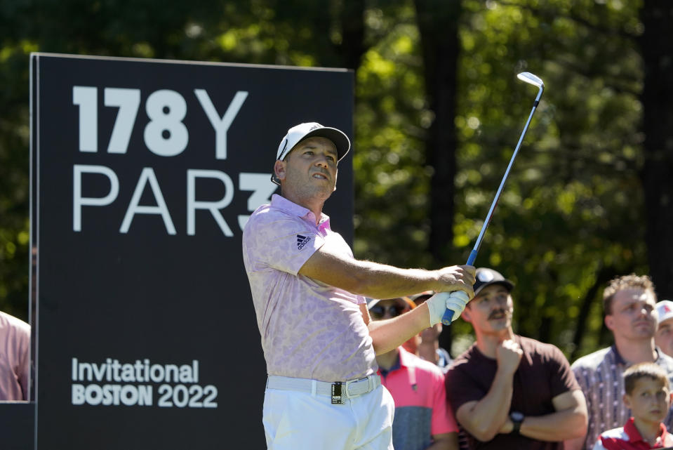 Sergio Garcia tees off on the second during the first round of the LIV Golf tournament, Friday, Sept. 2, 2022, in Bolton, Mass. (AP Photo/Mary Schwalm)