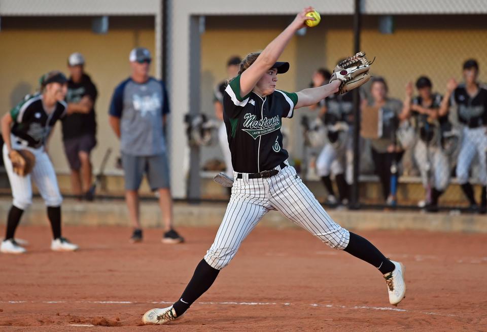 Lakewood Ranch High's Ella Dodge pitches against Parrish Community Tuesday night in Parrish.