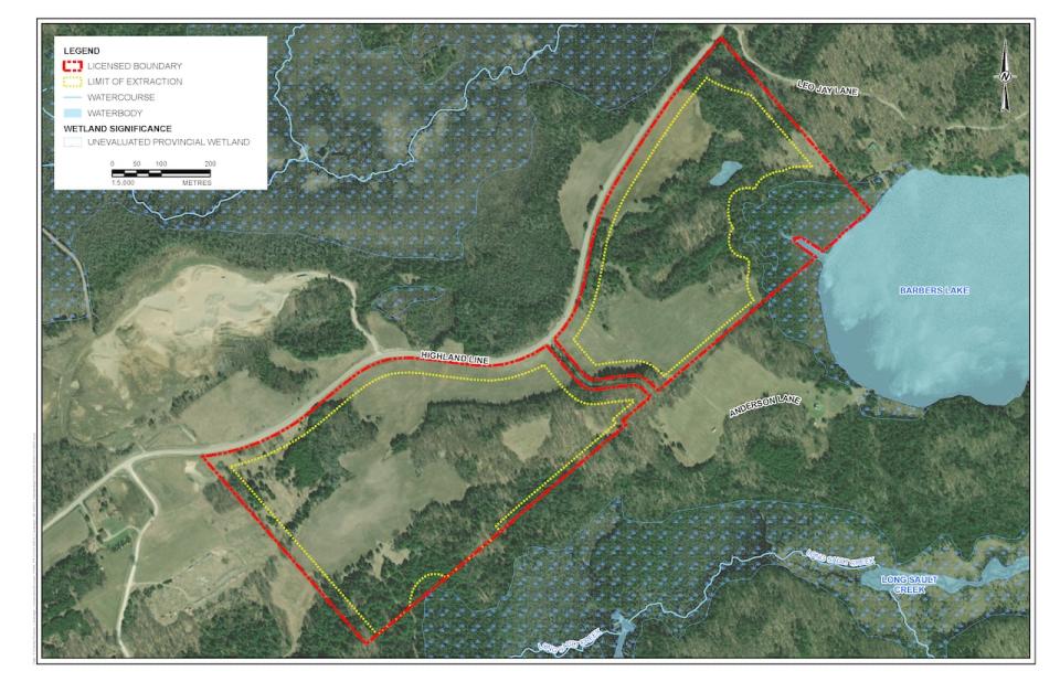 A map of the proposed pit by Thomas Cavanagh Construction Ltd., which shows the nearby Long Sault Creek and Barber's Lake.