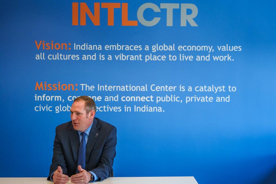 International Center Chief Protocol Officer Peter Kirkwood speaks about his role Thursday, May 12, 2022, inside the Center's 20th floor Regions Tower office in Indianapolis. It is up to Kirkwood to educate clients and partners as they navigate hosting dignitaries from around the world. From how to address royalty or how firm and long do you shake a hand, it's up to Kirkwood to relay that information to clients and partners. 