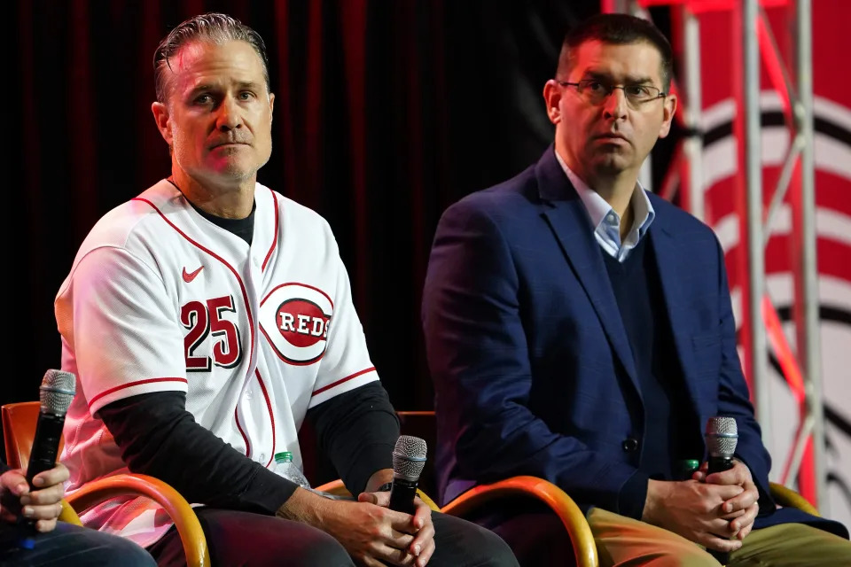 Cincinnati Reds manager David Bell, left, and General Manager Nick Krall answer questions during Redsfest, Friday, Dec. 2, 2022, at Duke Energy Convention Center in Cincinnati.