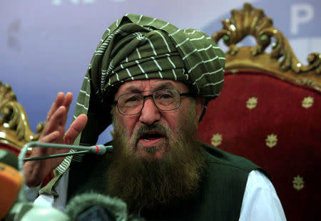 Maulana Sami-ul-Haq, a Pakistani cleric and head of Darul Uloom Haqqania, an Islamic seminary, gestures during a news conference in Islamabad, Pakistan August 23, 2017. REUTERS/Faisal Mahmood