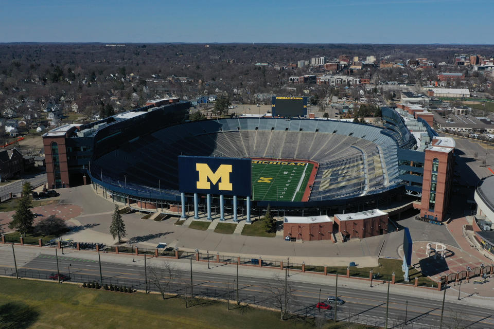 Aerial general view from a drone of of Michigan Stadium.