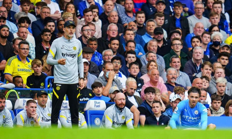 Thomas Tuchel looks on as Jack Grealish accepts a free-kick.