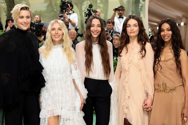 <p>Dimitrios Kambouris/Getty</p> From L to R: Greta Gerwig, Sienna Miller, Chemena Kamali, Emma Mackey and Zoe Saldaña attend the 2024 Met Gala at the Metropolitan Museum of Art in New York City on May 6, 2024