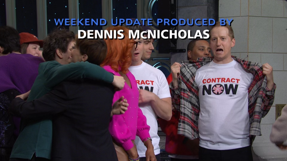 Cast members wearing “Contract Now” t-shirts during the conclusion of the Feb. 4 show.