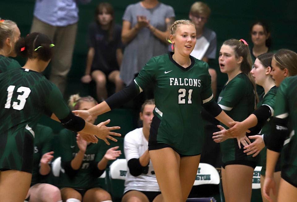 West Burlington’s Isabella Ritter (21) is introduced before the game against Burlington Thursday August 25, 2022 in West Burlington.