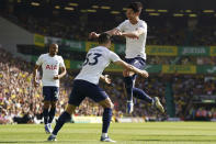 APTOPIX Tottenham Hotspur's Son Heung-min, center top, celebrates with teammates after scoring his side's fourth goal during an English Premier League match between Norwich City and Tottenham Hotspurs at Carrow Road Stadium, Norwich, England, Sunday, May 22, 2022. (Nigel French/PA via AP)
