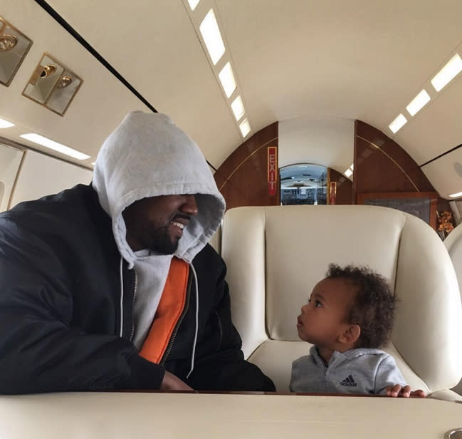 <p>Kim Kardashian posted this cute Father’s Day snap of hubby Kanye West with their son, Saint, who has unsurprisingly flown on a private plane before the ripe old age of 2. (Photo: <a rel="nofollow noopener" href="https://www.instagram.com/p/BVfffaIF6Tf/" target="_blank" data-ylk="slk:Kim Kardashian via Instagram;elm:context_link;itc:0;sec:content-canvas" class="link ">Kim Kardashian via Instagram</a>) </p>