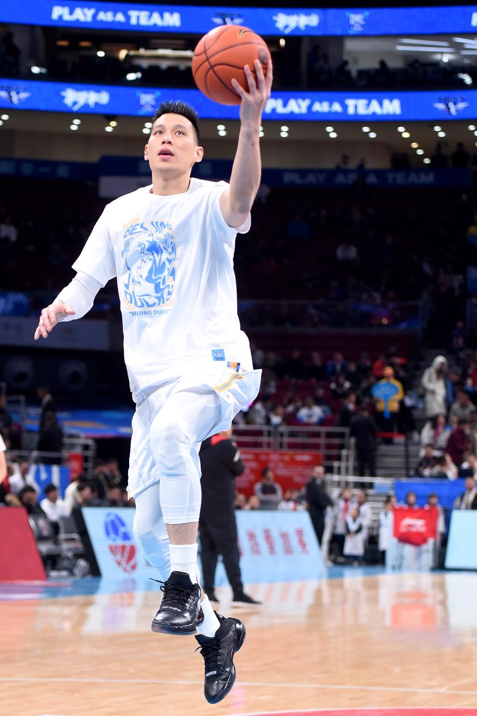 BEIJING, CHINA - NOVEMBER 28: Jeremy Shu-How Lin wearing sneakers printed with a photo of him and his friend actor Godfrey Gao attends the 2019/2020 Chinese Basketball Association (CBA) League match between Beijing Shougang Ducks and Bayi Nanchang Rockets on November 28, 2019 in Beijing, China. Taiwanese-Canadian actor/model Godfrey Gao died at the age of 35 after he collapsed while filming a sports reality show 'Chase Me' on Wednesday in Ningbo. (Photo by VCG/VCG via Getty Images)