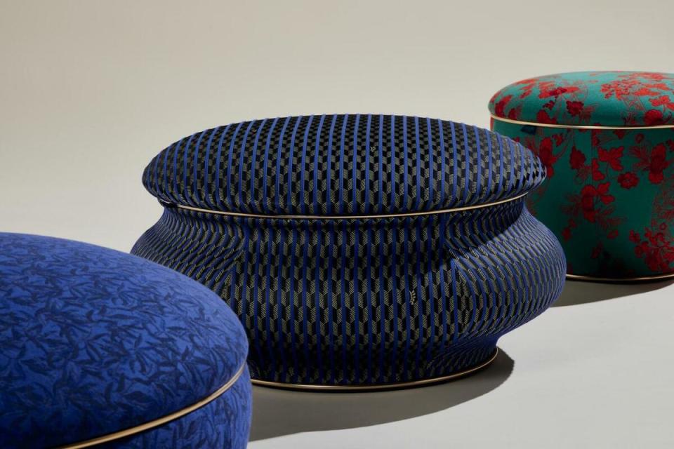 Selections from the Domus collection by Ginori 1735 at ABC Carpet & Home, including the Dulcis large pouf in Blue Sagitta 