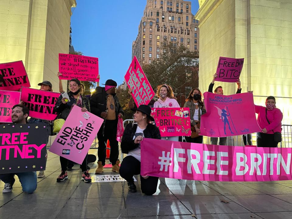 Demonstrators rally in Washington Square Park, New York, NY on November 12, 2021, calling to end to Britney Spears conservatorship. (Photo by Karla Ann Cote/Sipa USA)