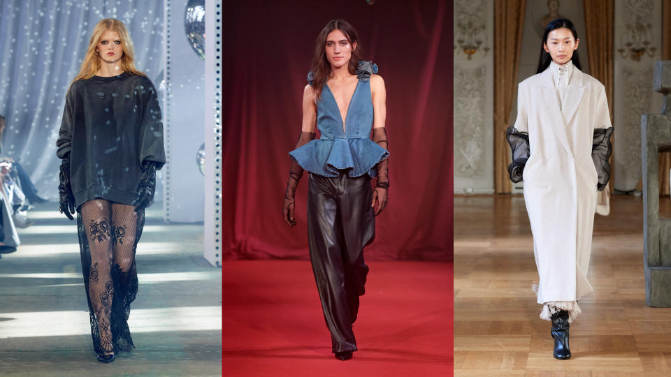 Three models at Copenhagen Fashion Week walk down the runway wearing elbow length gloves