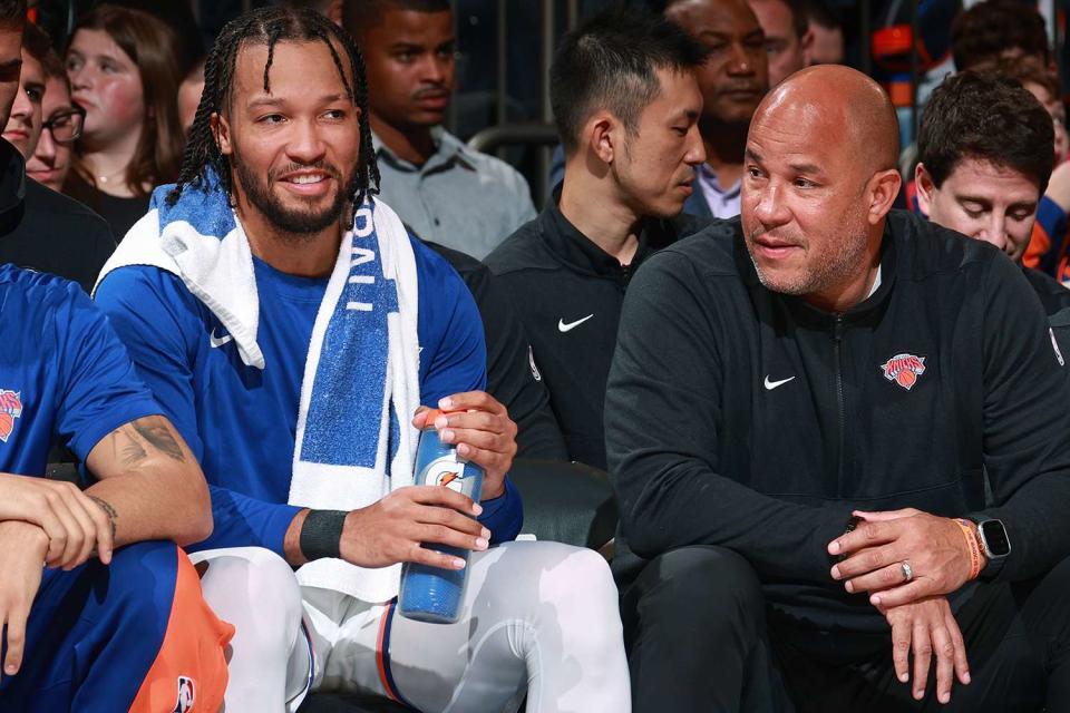 <p>Nathaniel S. Butler/NBAE via Getty Images</p> Rick Brunson with son Jalen Brunson