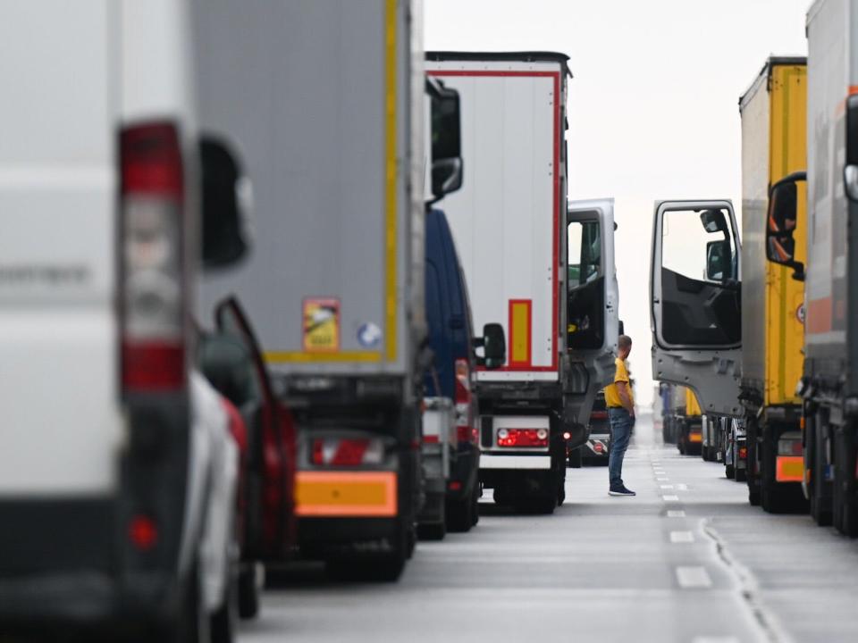 Trucks stuck in traffic.