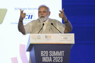 Indian Prime Minister Narendra Modi speaks at a special session of the Business 20 or B20 Summit ahead of the G20 Summit to be held in September, in New Delhi, India, Sunday, Aug. 27, 2023. The B20 is the official G20 dialogue forum with the global business community, which aims to deliver concrete actionable policy recommendations on priorities by each rotating presidency to spur economic growth and development. (AP Photo/Manish Swarup)