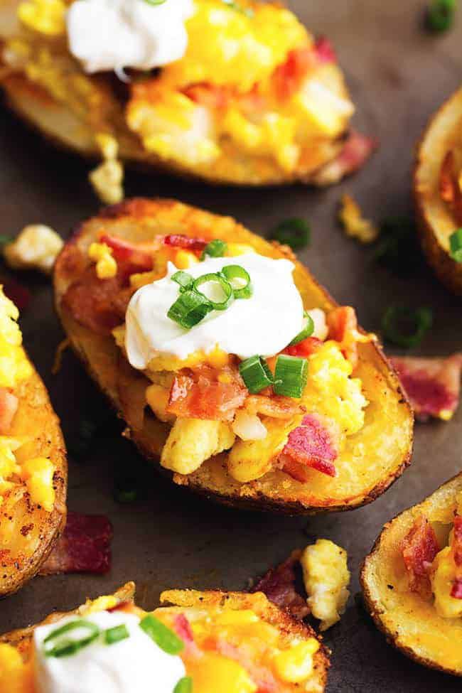 <p>Who says you have to wait until Thanksgiving night to enjoy your favorite comfort food? These twice-baked potato skins are the ultimate fall or winter breakfast.</p><p><strong>Get the recipe at <a href="https://therecipecritic.com/loaded-breakfast-potato-skins/" rel="nofollow noopener" target="_blank" data-ylk="slk:The Recipe Critic" class="link rapid-noclick-resp">The Recipe Critic</a>.</strong></p><p><strong><a class="link rapid-noclick-resp" href="https://www.amazon.com/Circulon-Nonstick-Bakeware-2-Piece-Gray/dp/B0093JW3E0?tag=syn-yahoo-20&ascsubtag=%5Bartid%7C10050.g.3796%5Bsrc%7Cyahoo-us" rel="nofollow noopener" target="_blank" data-ylk="slk:SHOP NONSTICK BAKEWARE">SHOP NONSTICK BAKEWARE</a><br></strong></p>