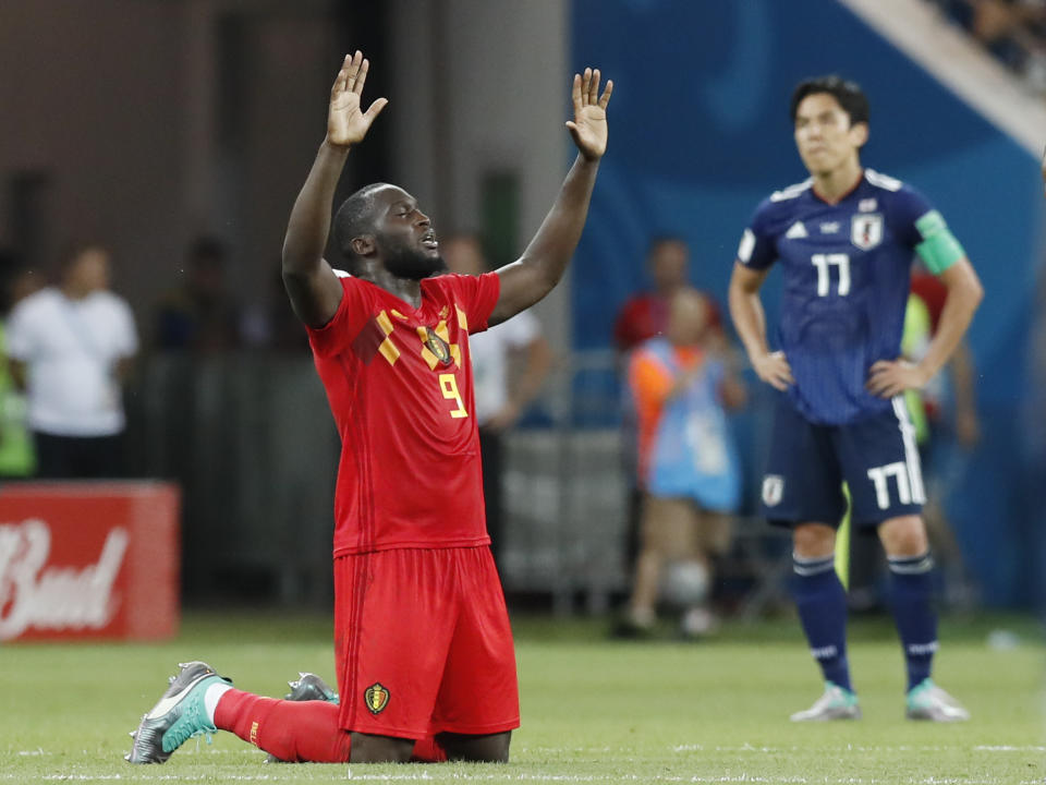 Romelu Lukaku celebrates Belgium’s stunning World Cup Round of 16 comeback against Japan. (AP)