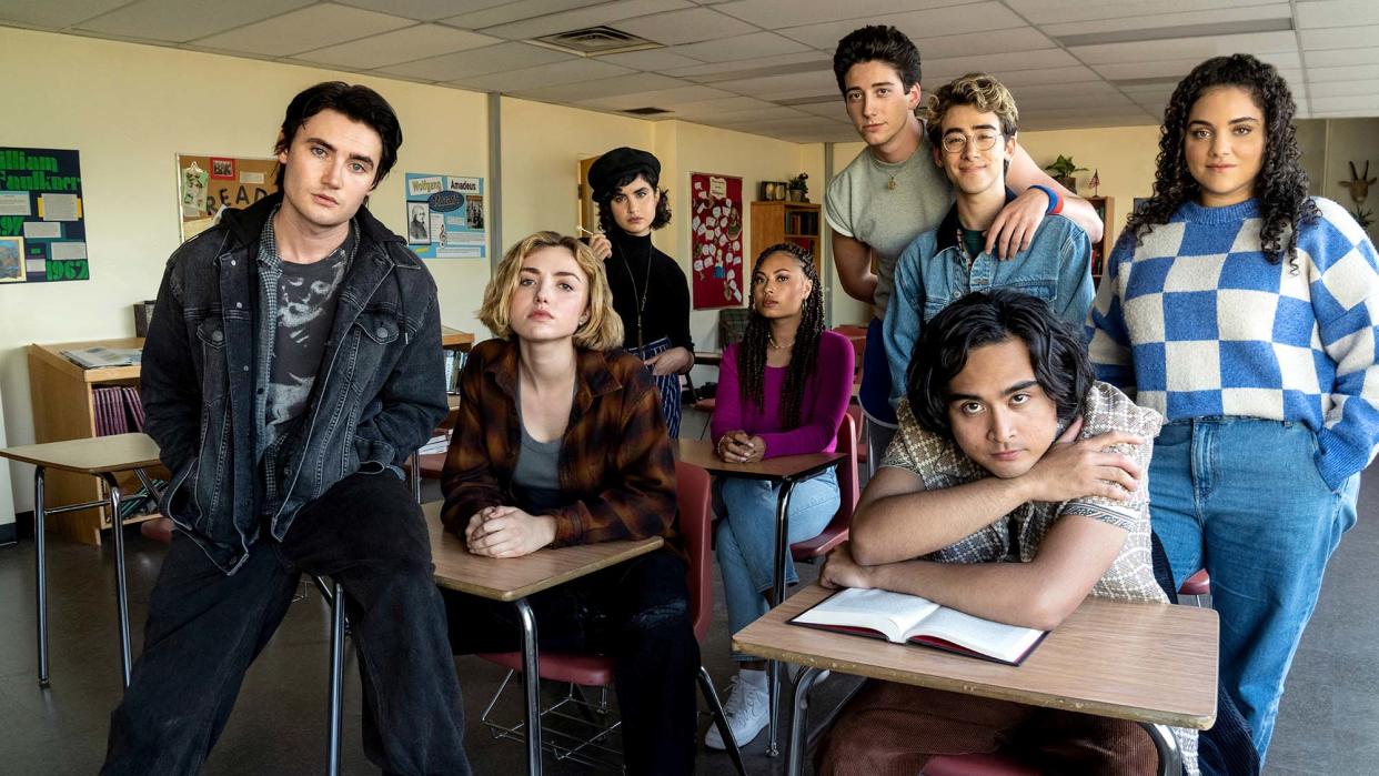  From left: Spencer McPherson, Peyton List, Sarah Yarkin, Rainbow Wedell, Milo Manheim, Nick Pugliese, Kristian Flores, and Kiara Pichardo in Paramount Plus's 'School Spirits'. 