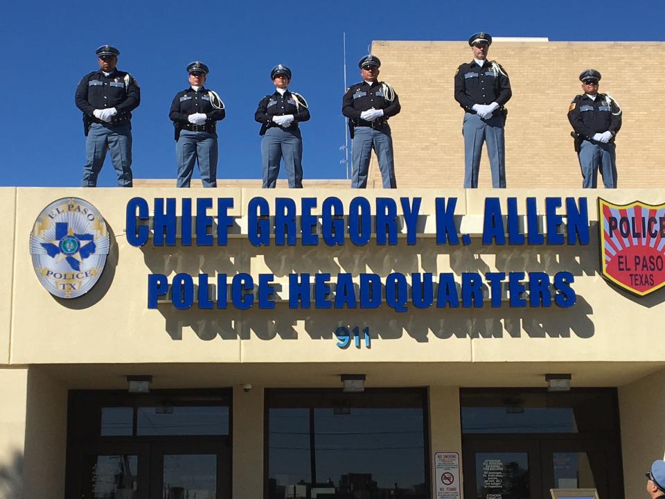 An El Paso police honor guard stands on the roof after unveiling of a new sign stating "Chief Gregory K. Allen Police Headquarters" during a naming ceremony on Sunday, March 3, 2024.