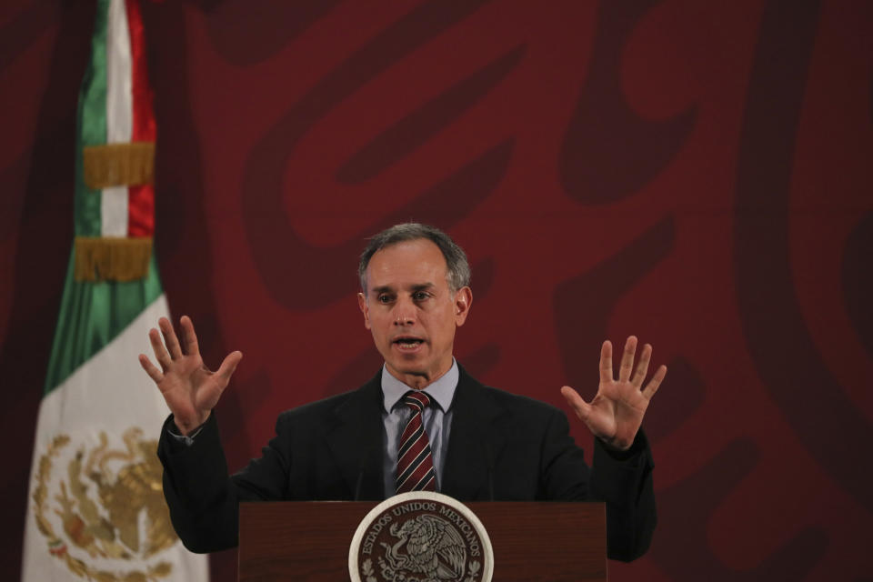 Health Sub Secretary Hugo Lopez speaks about hand washing as one of the ways to help prevent the spread of the new coronavirus during the president's daily news conference in Mexico City, early Thursday, March 19, 2020. (AP Photo/Fernando Llano)