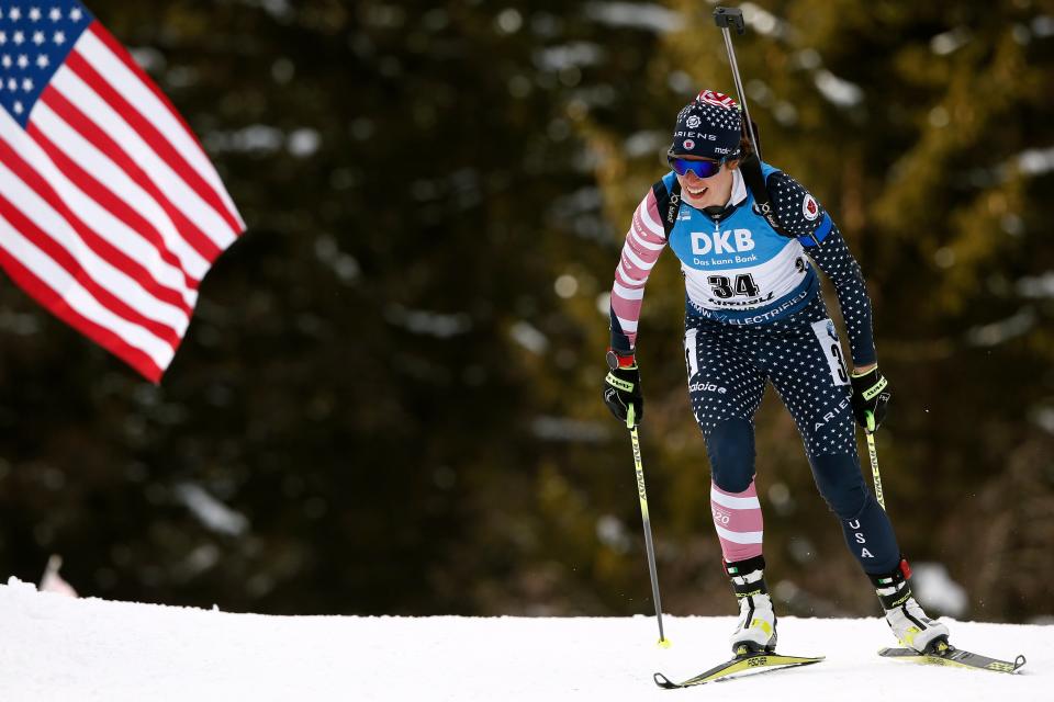 Susan Dunklee of USA takes 2nd place during the IBU Biathlon World Championships Women's 7.5 km Sprint Competition on Feb. 14, 2020 in Antholz Anterselva, Italy.