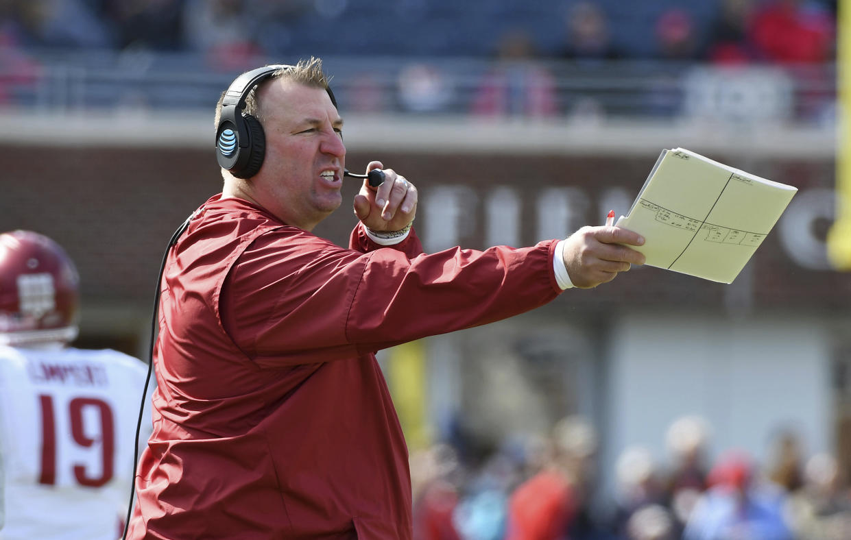 Arkansas head coach Bret Bielema reacts during the first half of an NCAA college football game against Mississippi in Oxford, Miss., Saturday, Oct. 28, 2017. (AP Photo/Thomas Graning)