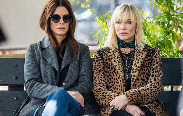 Sandra Bullock and Cate Blanchett shoot a scene for Oceans 8. Source: Getty