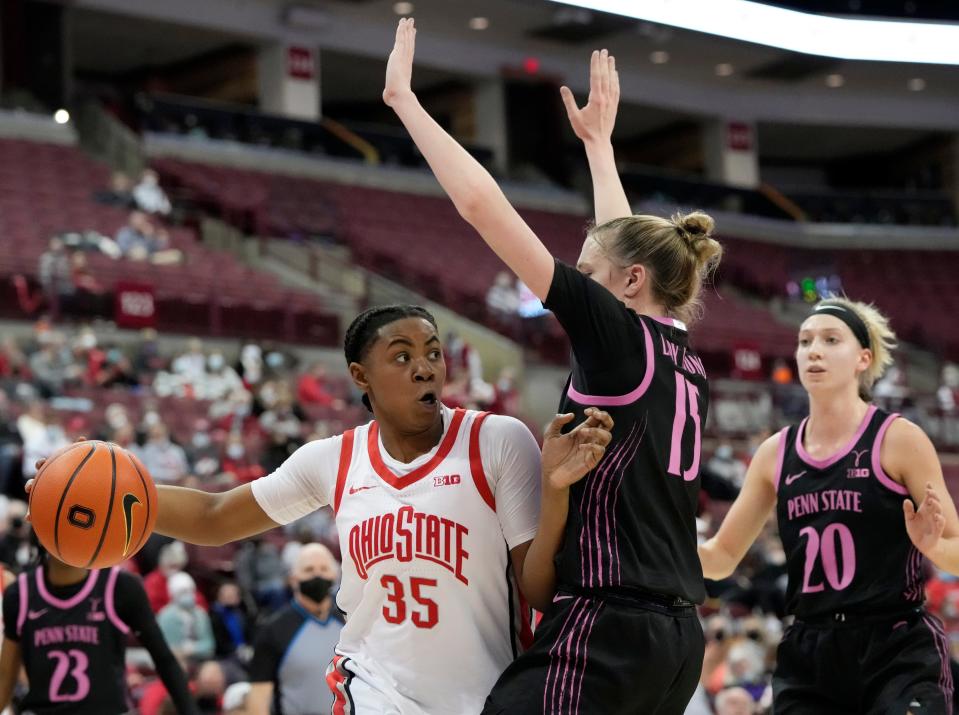 Ohio State Buckeyes forward Tanaya Beacham (35) is guarded by Penn State Nittany Lions guard Maddie Burke (15) during Thursday's NCAA Division I women's basketball game on February 24, 2022, at Value City Arena in Columbus, Oh.