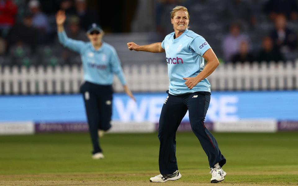 Katherine Brunt of England celebrates taking the wicket of Hannah Rowe of New Zealand during the first One Day International match between England Women and New Zealand Women at the County Ground during the 1st One Day International match between England and New Zealand at Bristol County Ground on September 16, 2021 in Bristol, England - GETTY IMAGES