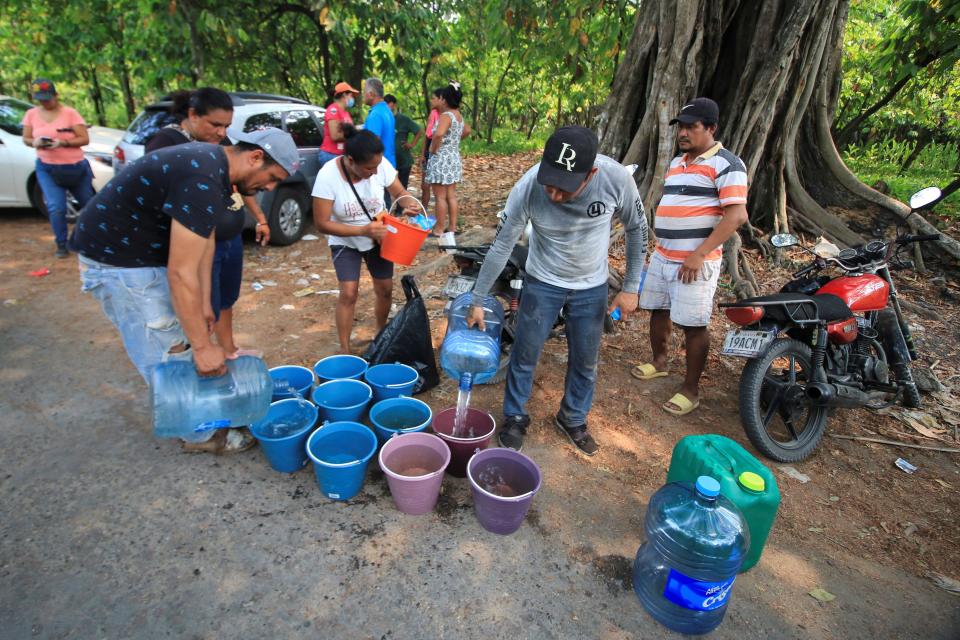 Volunteers fill buckets with water to help animals amid drought and high temperatures in Buena Vista, Comalcalco, Mexico, May 18, 2024.