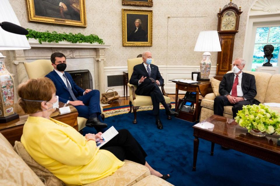 President Joe Biden discusses investments in the American Jobs Plan with, from left, Rep. Kay Granger, R-Texas; Transportation Secretary Pete Buttigieg; and Maine Sen. Angus King, an independent, at the White House April 19.