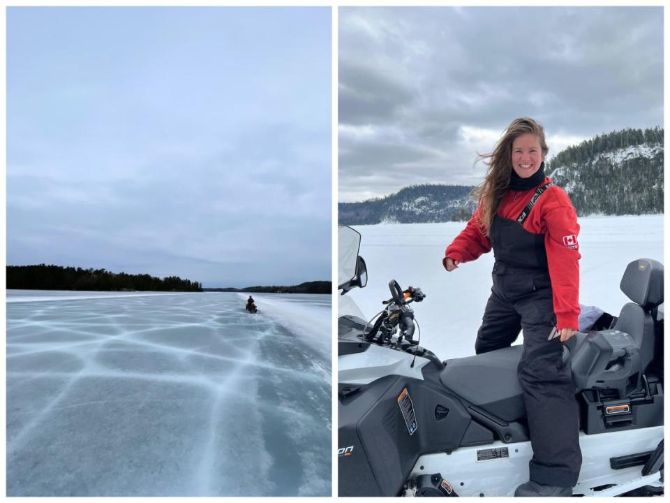 On the left, a snowy landscape. On the right, Dominique on a snowmobile.