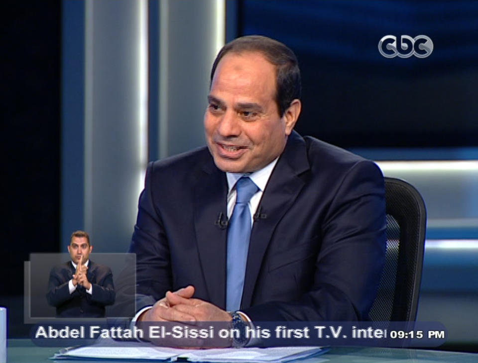 In this image made from video broadcast on Egypt's State Television, Egypt's retired Field Marshal Abdel-Fattah el-Sissi listens to a question during an interview in a nationally televised program in Cairo, Egypt, Monday, May 5, 2014. Former army chief Abdel-Fattah el-Sissi said that he decided to run for president of Egypt because of the "threats" facing the country, speaking in the first TV interview of his campaign. (AP Photo/Egypt's State Television)