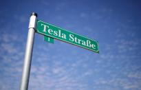 FILE PHOTO: "Tesla Street" sign outside the construction site of the future Tesla Gigafactory in Gruenheide