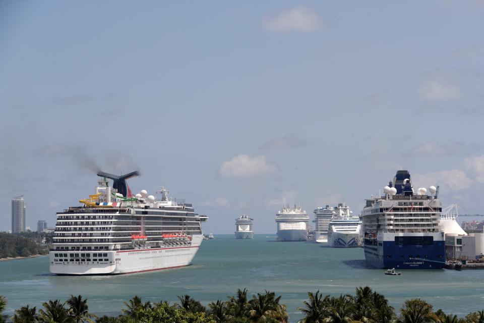 The Carnival Pride cruise ship arrives at PortMiami, Tuesday, April 7, 2020, in Miami.