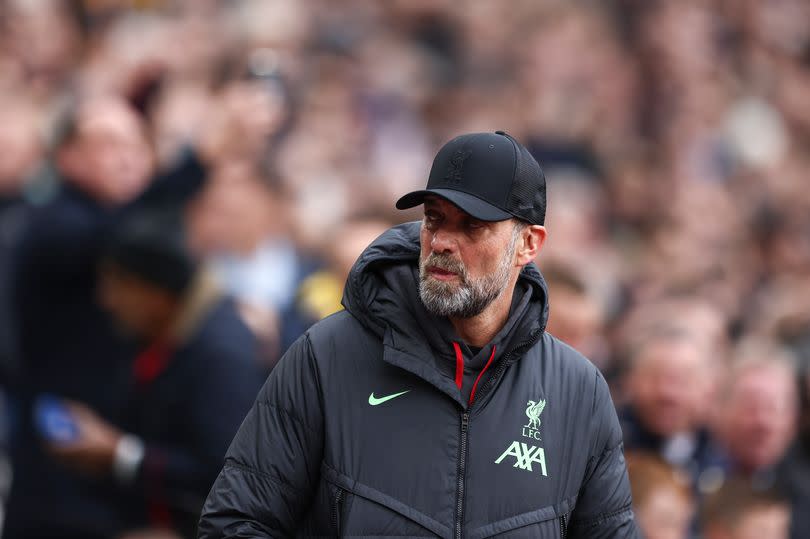 Jürgen Klopp, the manager of Liverpool, is overseeing the Premier League match between West Ham United and Liverpool at the London Stadium in Stratford, on April 27, 2024.