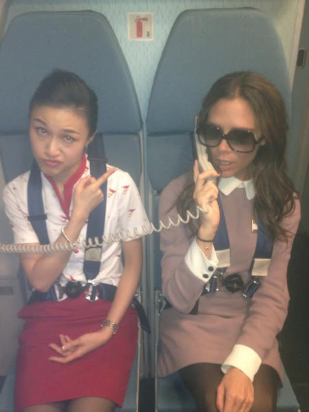 Celebrity photos: Victoria Beckham showed her funny side this week, with this hilarious Twitpic. On a flight to Beijing, she decided to play air hostess, posing with the other cabin crew. She said: “Cabin crew prepare for landing! Welcome to Beijing!!” She also explained this week that social networking has become very important to her: “I try to give some personal insights to my followers as well as keeping them abreast of the business. I also think that my fans and customers really get to know me and my sense of humour through my tweets. I think people see the real me.”