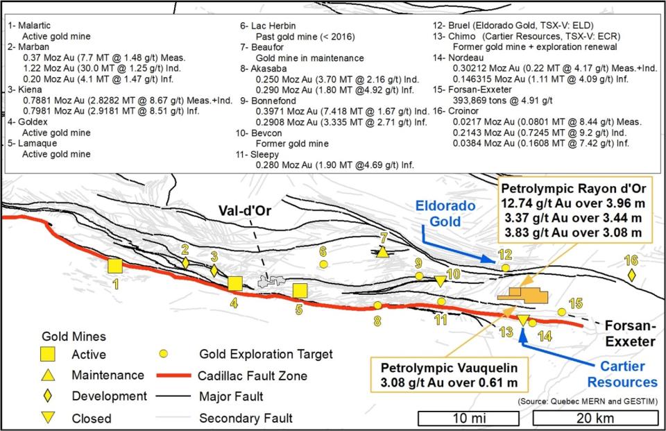 General location of the Rayon d’Or and Vauquelin Property within the Val-d’Or Mining Camp.