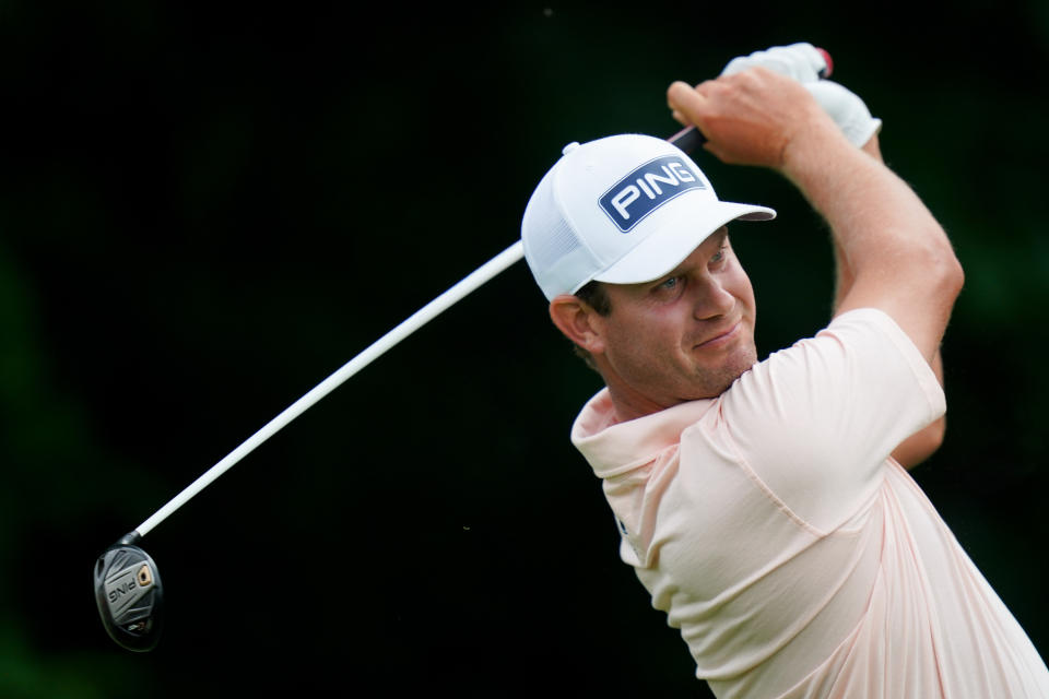 Harris English watches his shot on the 13th hole during the second round of the Travelers Championship golf tournament at TPC River Highlands, Friday, June 24, 2022, in Cromwell, Conn. (AP Photo/Seth Wenig)