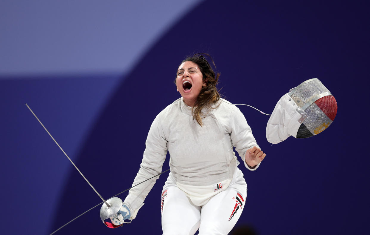 PARIS, FRANCE - JULY 29: Nada Hafez of Team Egypt celebrates her victory against Elizabeth Tartakovsky of Team United States (not pictured) in the Fencing Women's Sabre Individual Table of 32 on day three of the Olympic Games Paris 2024 at Grand Palais on July 29, 2024 in Paris, France. (Photo by Carl Recine/Getty Images)