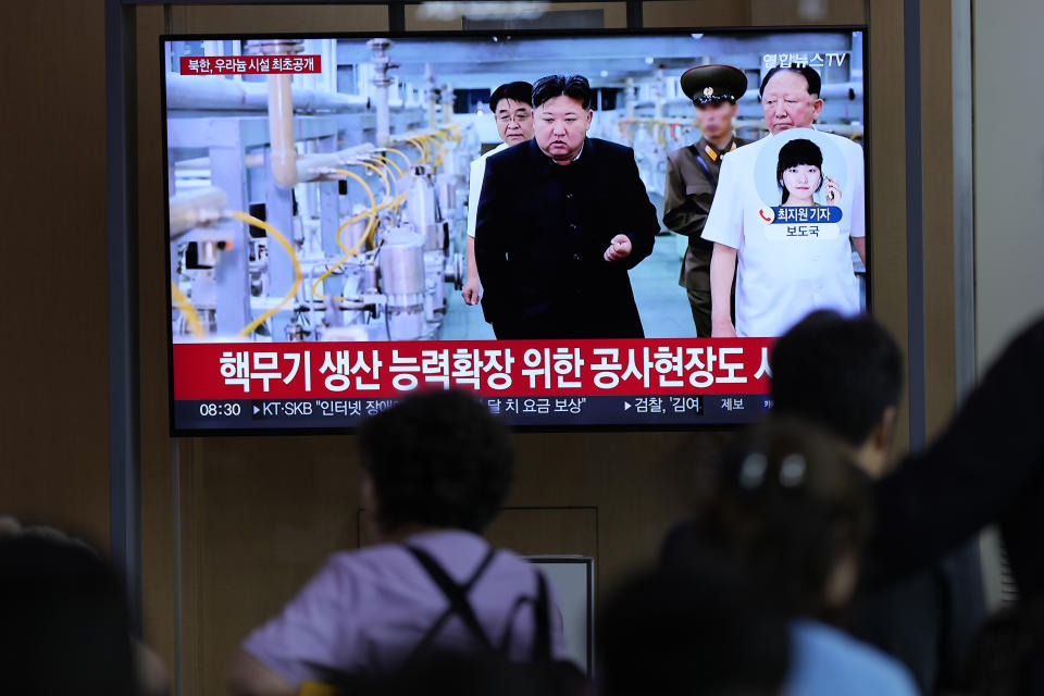 A TV screen shows an image of North Korean leader Kim Jong Un during a news program at the Seoul Railway Station in Seoul, South Korea, Friday, Sept. 13, 2024. The letters read, "North Korea, unveiling the uranium enrichment facility for the first time," and "the construction site for expanding the capacity for the production of nuclear weapons." (AP Photo/Lee Jin-man)