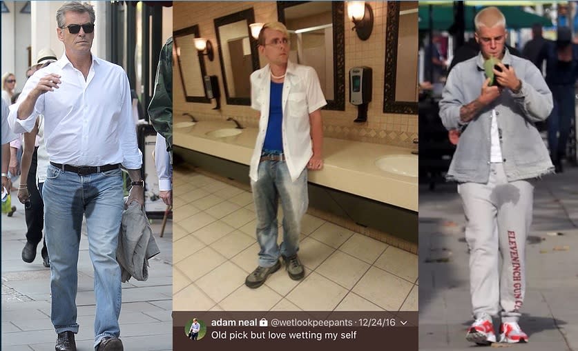 Pictures of celebrities like Justin Bieber and Liam Neeson were photographed wearing pants with a wet stain. (Screengrab courtesy of Wet Pants Denim/Website)